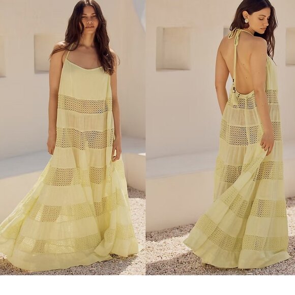 Anthropologie Dresses & Skirts - By Anthropologie Sheer Lace Tiered Midi Dress XL new with tag YELLOW